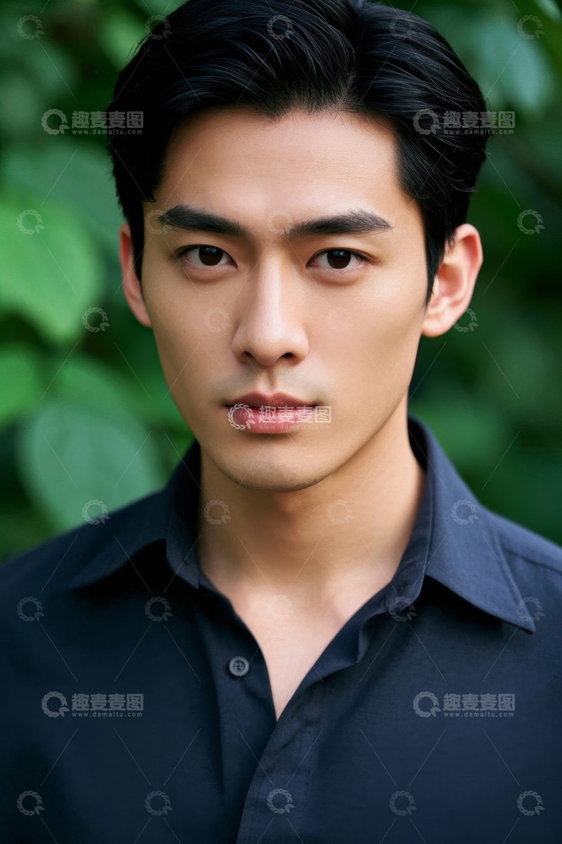 高清大图下载【趣麦麦图】亚洲年轻男子肖像照，背景是绿色植物