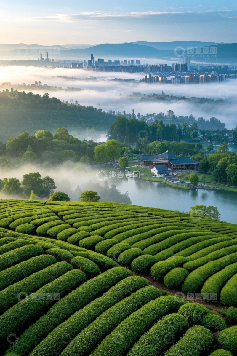 高清大图下载【趣麦麦图】茶园自然风光与远处城市景观