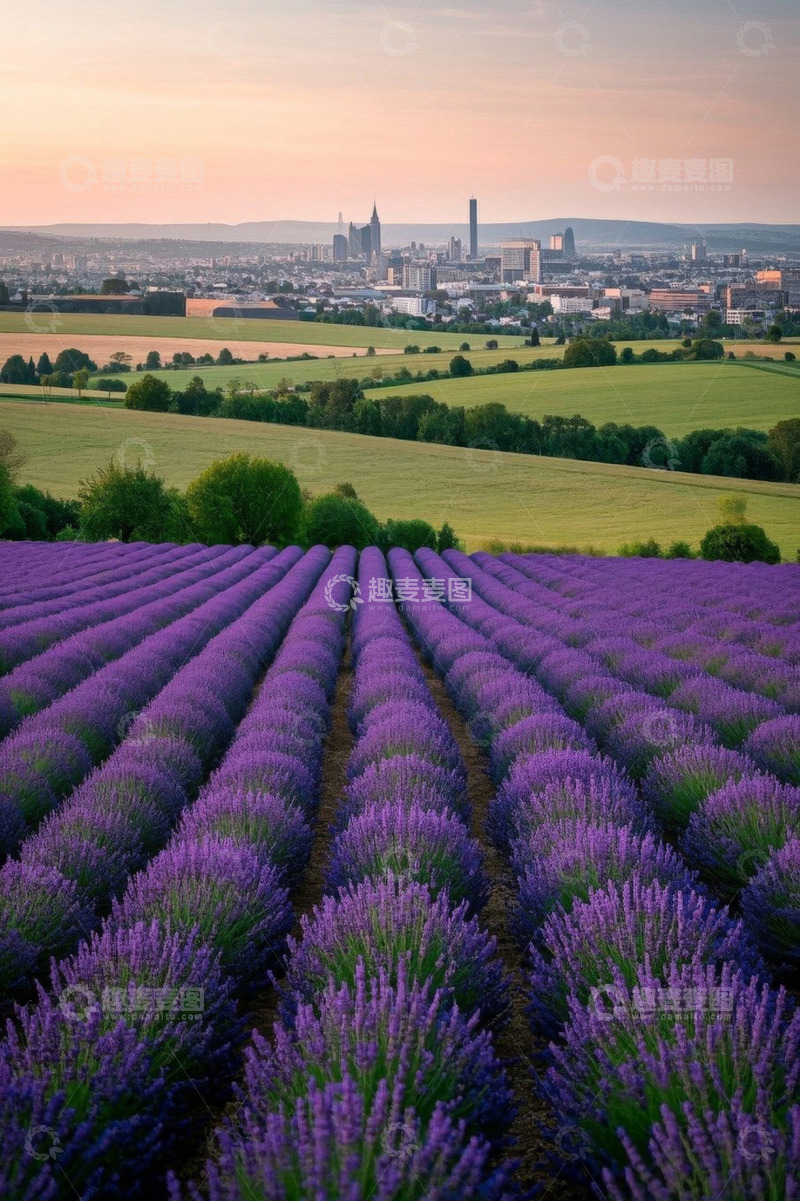 高清大图下载【趣麦麦图】薰衣草田与远处城市景观