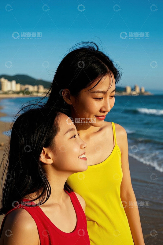 沙滩上两个女孩的合影