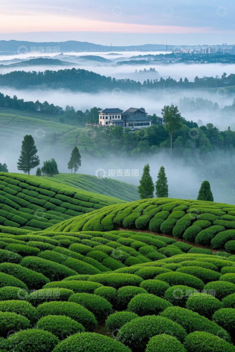 高清大图下载【趣麦麦图】茶园晨雾中的建筑景观
