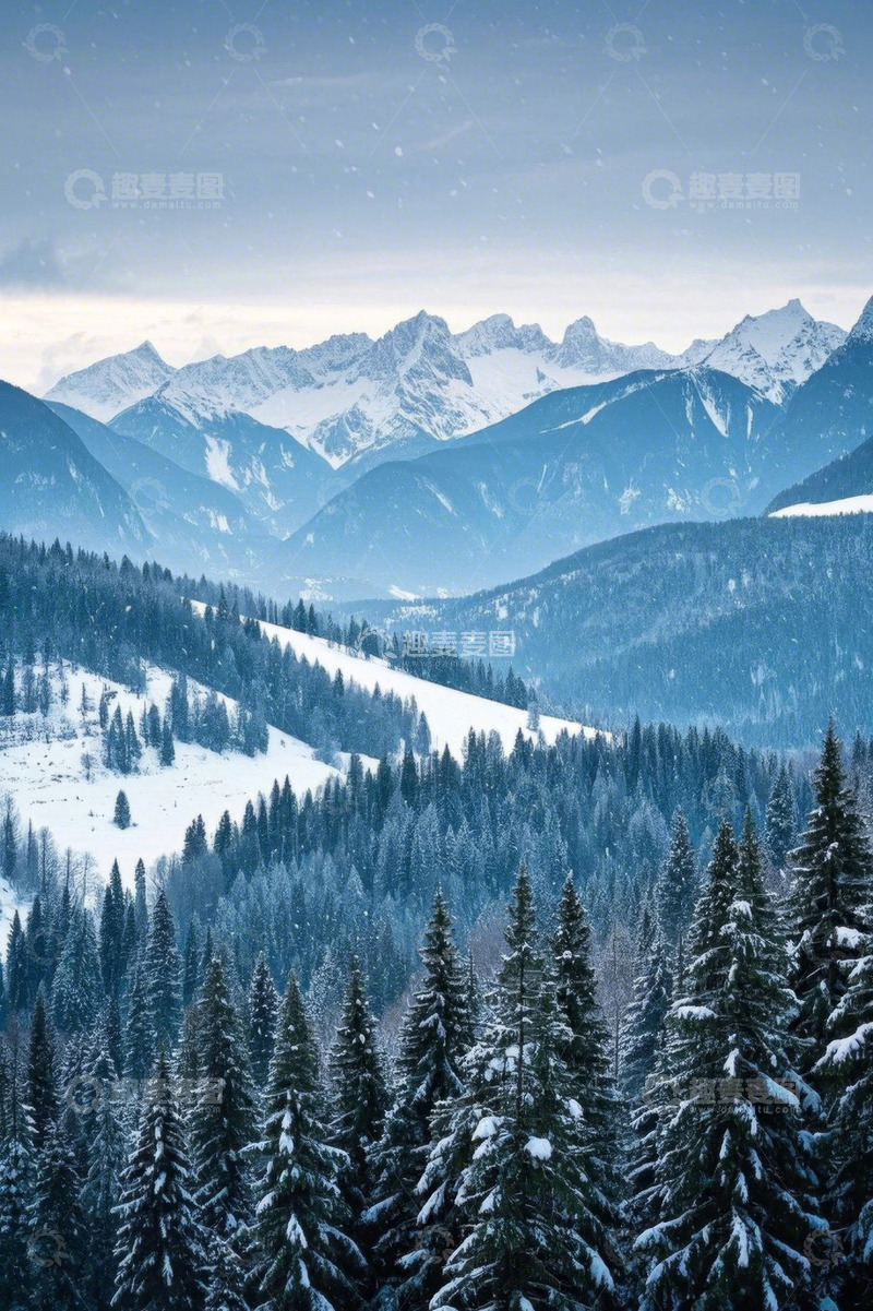 高清大图下载【趣麦麦图】雪覆山林与远山雪景