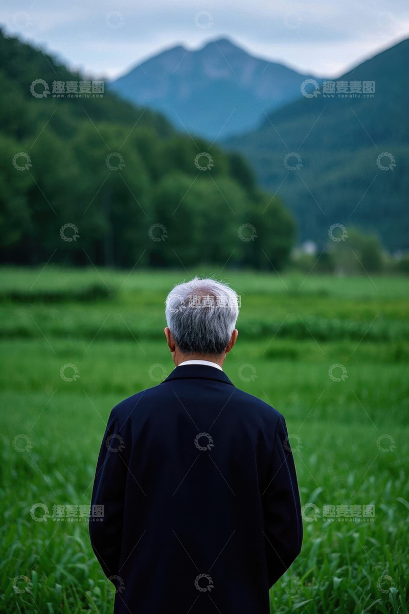 高清大图下载【趣麦麦图】老者田野远眺山峦景色