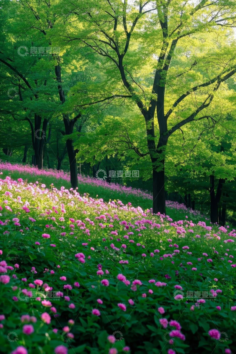 高清大图下载【趣麦麦图】林间盛开的粉色花卉景观