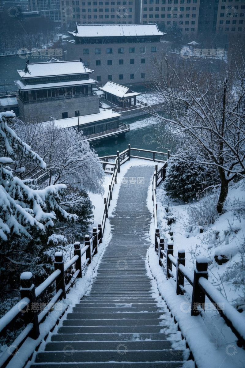 高清大图下载【趣麦麦图】雪后古建筑旁的积雪步道