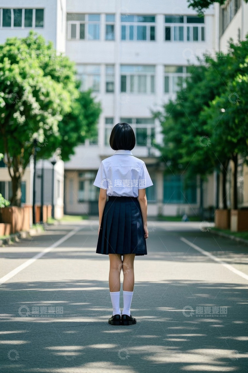 高清大图下载【趣麦麦图】-女生校服背影街道伫立