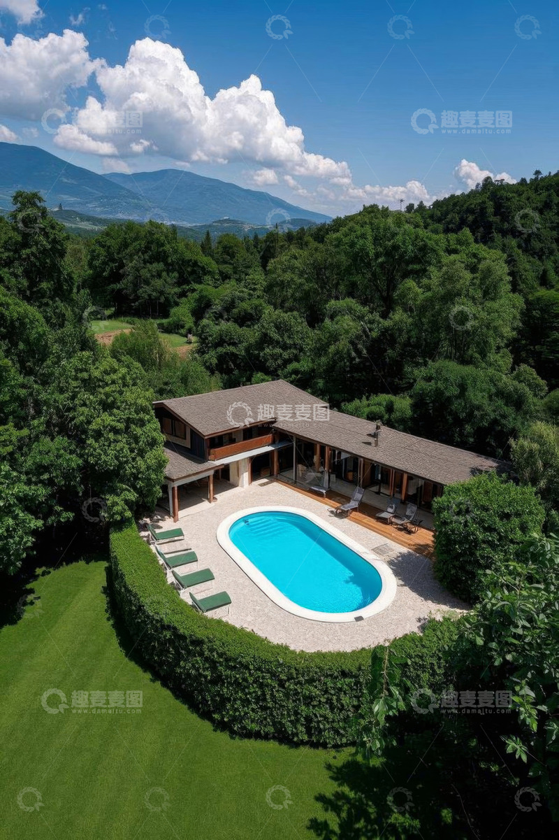 高清大图下载【趣麦麦图】郊外别墅泳池全景