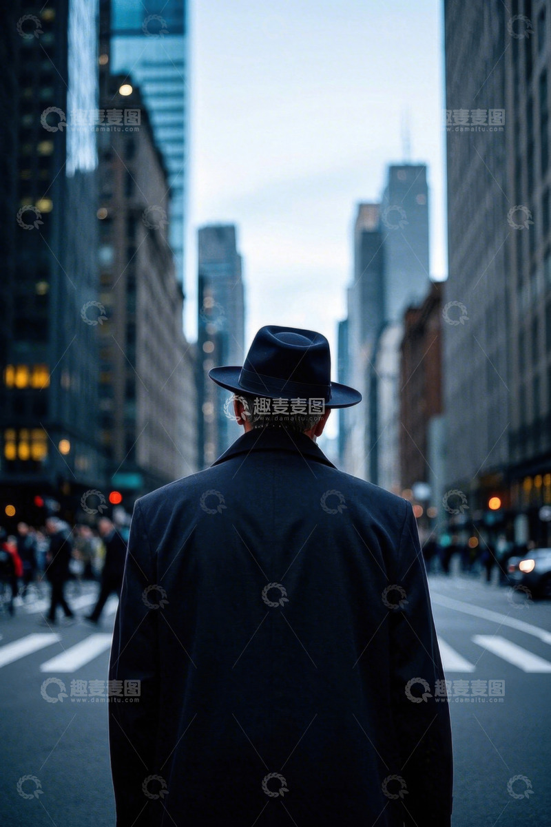 高清大图下载【趣麦麦图】都市背影黑衣男子戴礼帽