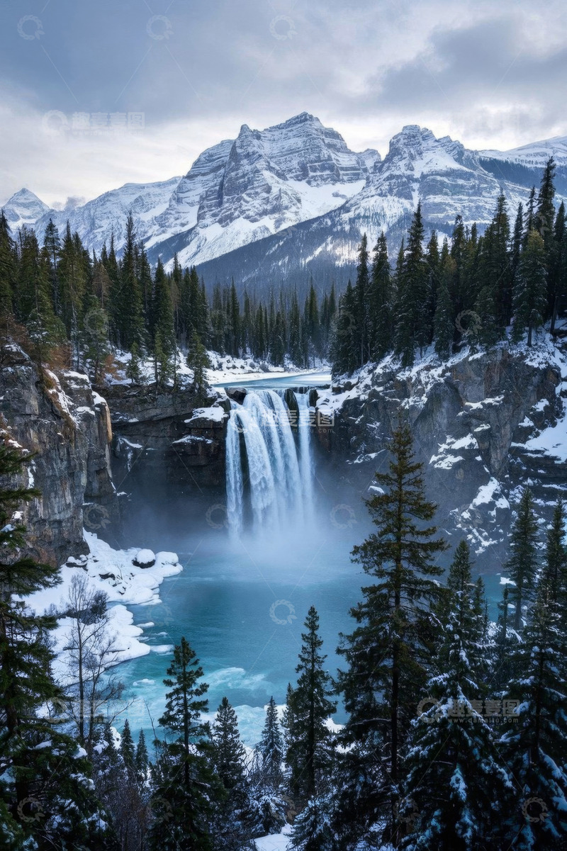 高清大图下载【趣麦麦图】雪山下森林中的瀑布景观