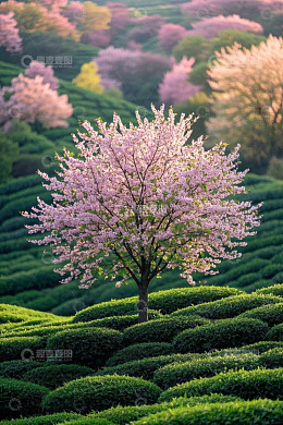 高清大图下载【趣麦麦图】-茶园中盛开的樱花树风景