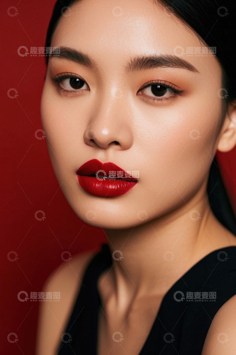 高清大图下载【趣麦麦图】红唇女子精致妆容特写