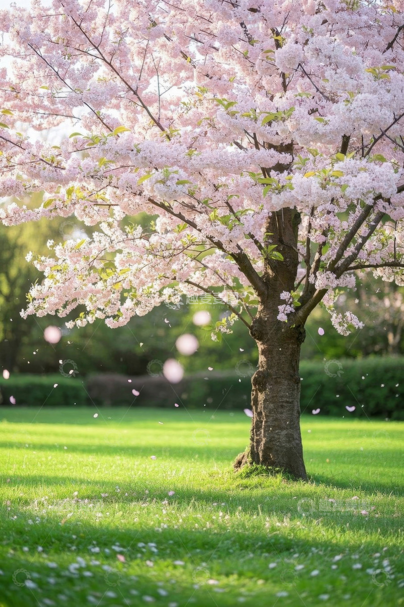 高清大图下载【趣麦麦图】盛开的樱花树与草地景观