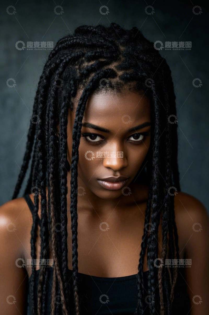 高清大图下载【趣麦麦图】黑人女子肖像,忧郁眼神,辫子发型