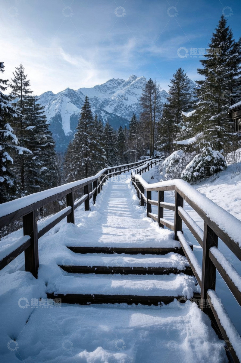 高清大图下载【趣麦麦图】雪山下积雪覆盖的木质步道