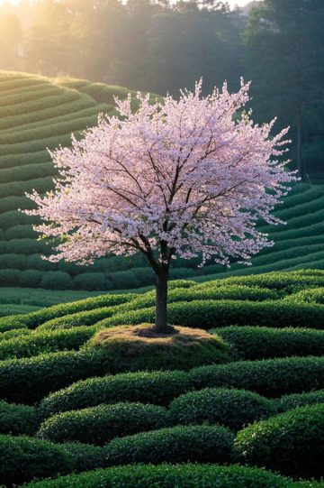 茶园中盛开的樱花树