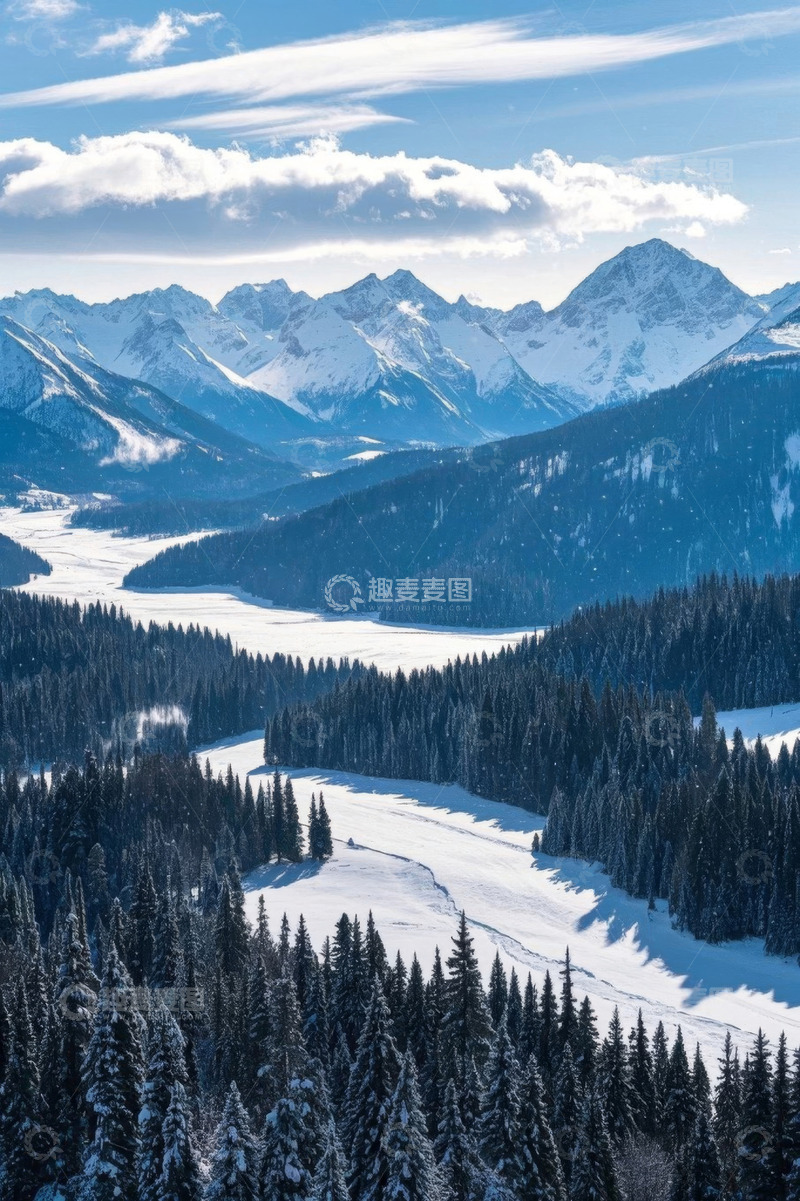 高清大图下载【趣麦麦图】雪山森林冬日全景风光