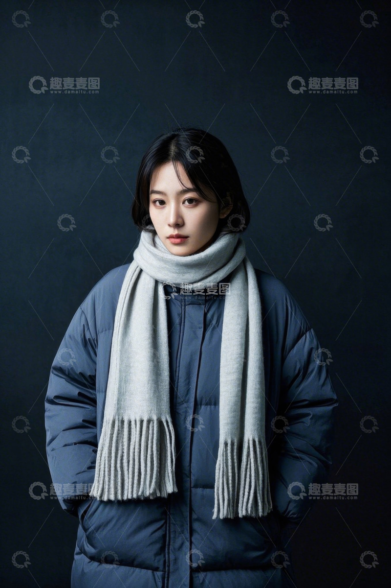高清大图下载【趣麦麦图】年轻女子冬日写真灰色围巾