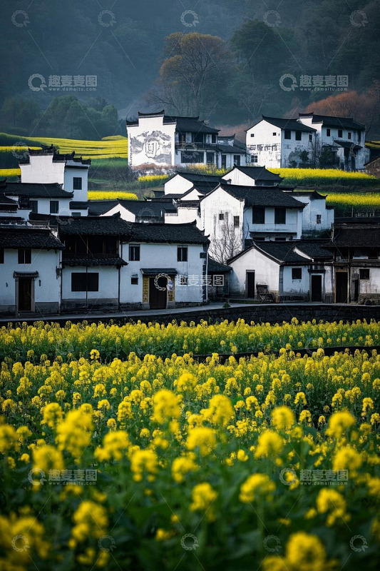 乡村油菜花田与徽派建筑景观