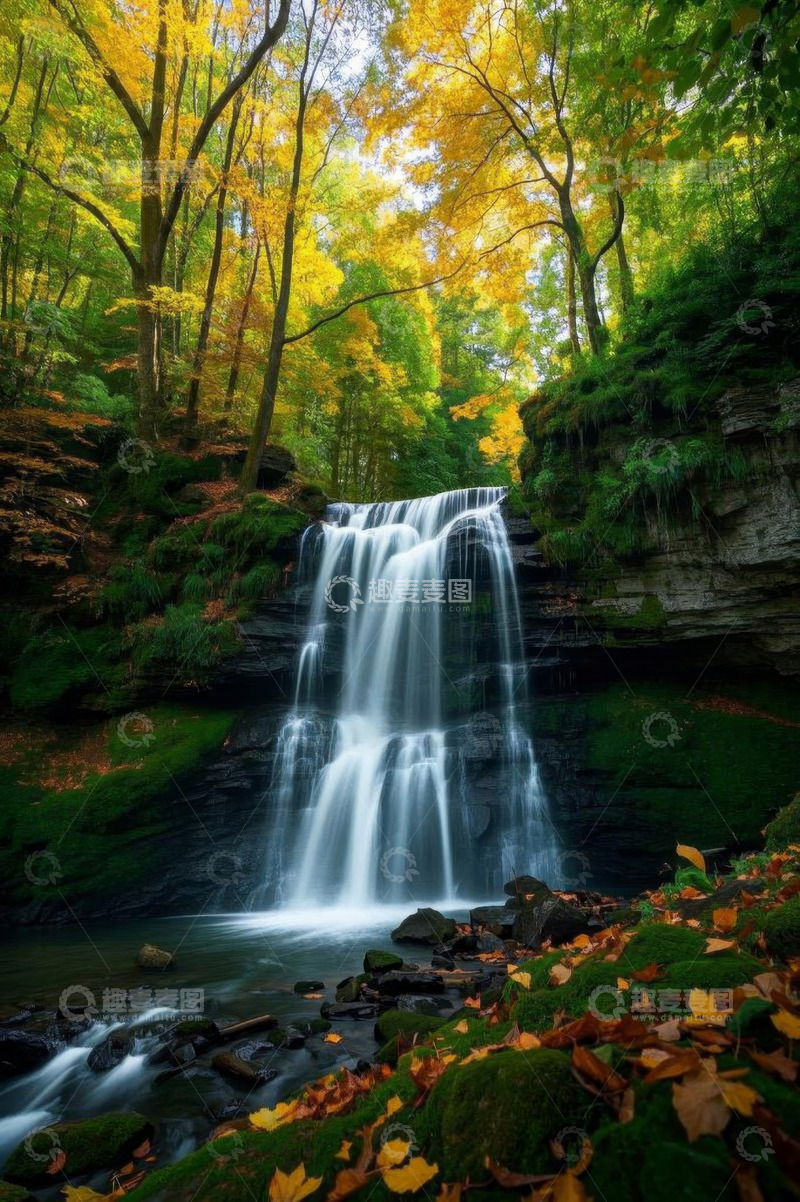 高清大图下载【趣麦麦图】森林中的秋季瀑布景观