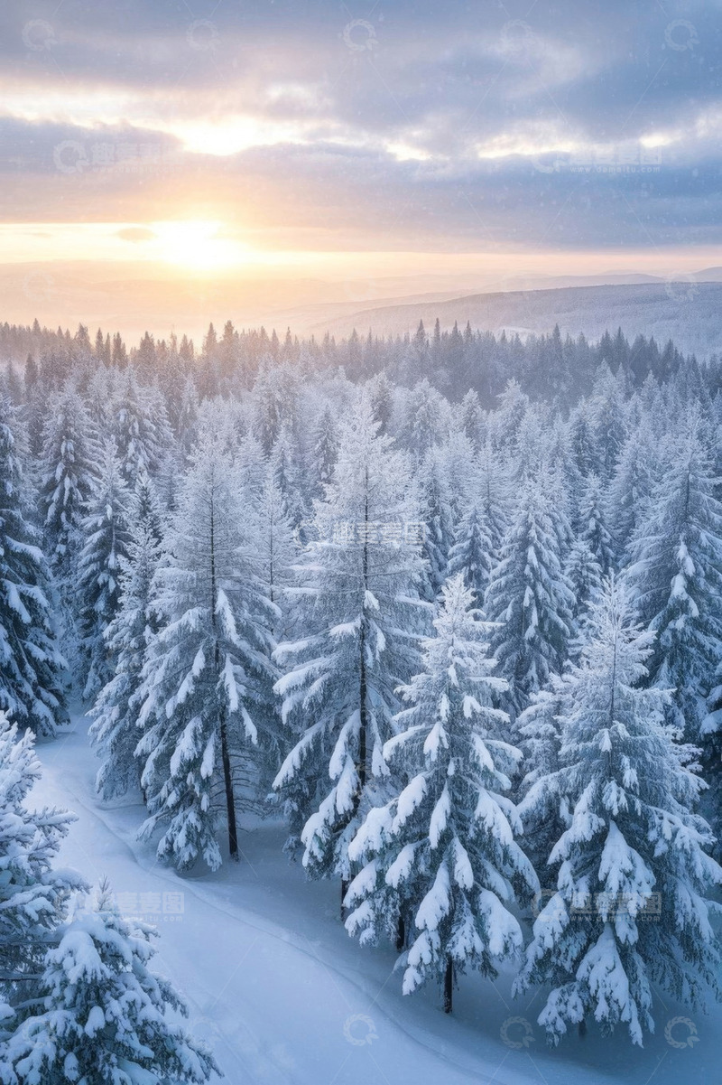 高清大图下载【趣麦麦图】雪后森林日出全景