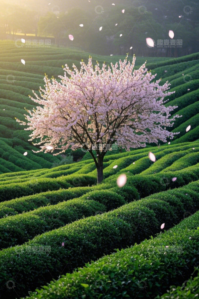 高清大图下载【趣麦麦图】茶园中盛开的樱花树