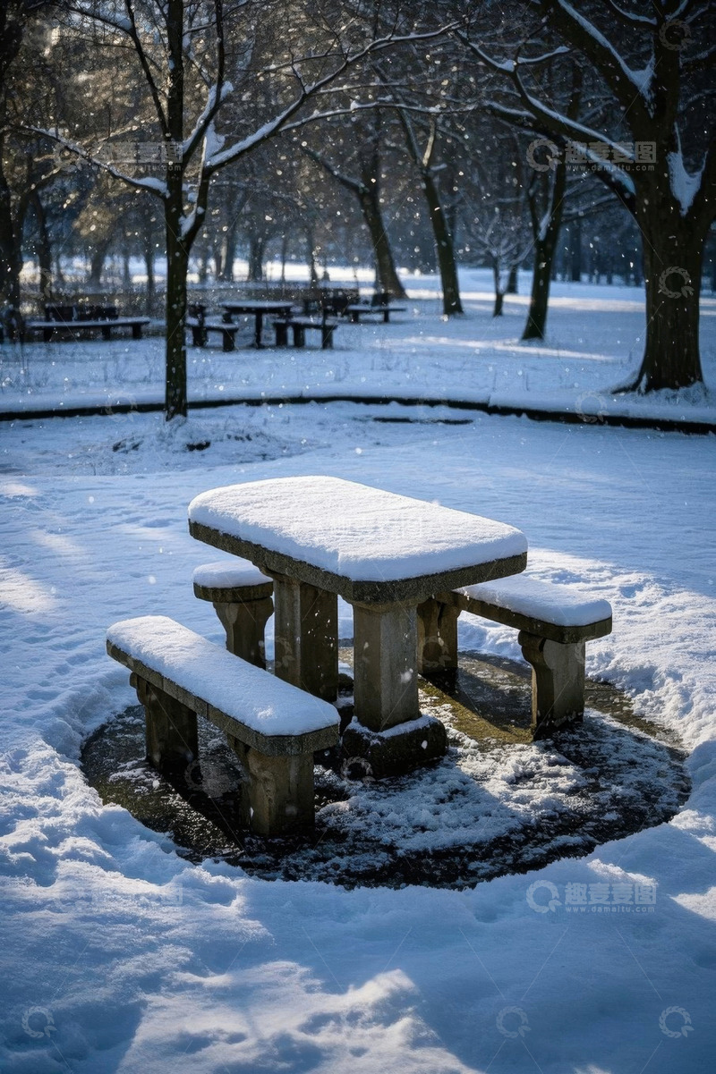高清大图下载【趣麦麦图】公园雪景中的石桌石凳