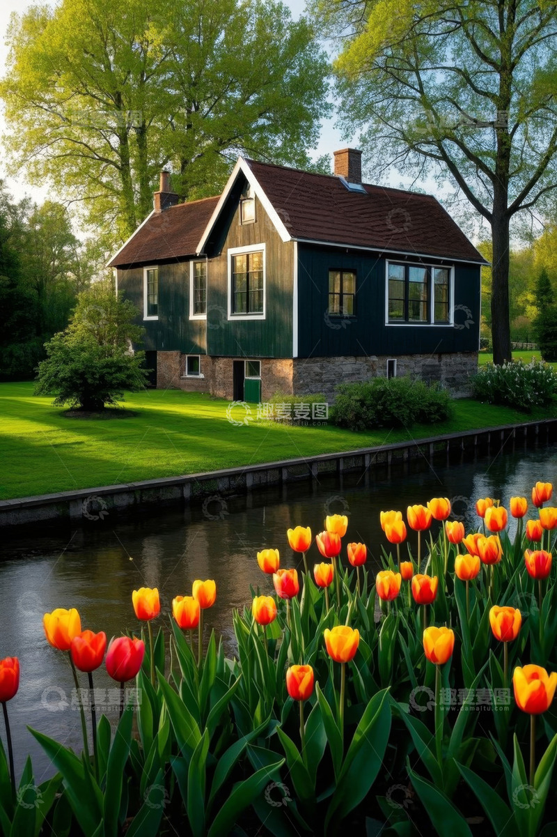高清大图下载【趣麦麦图】荷兰田园小屋旁的郁金香景观