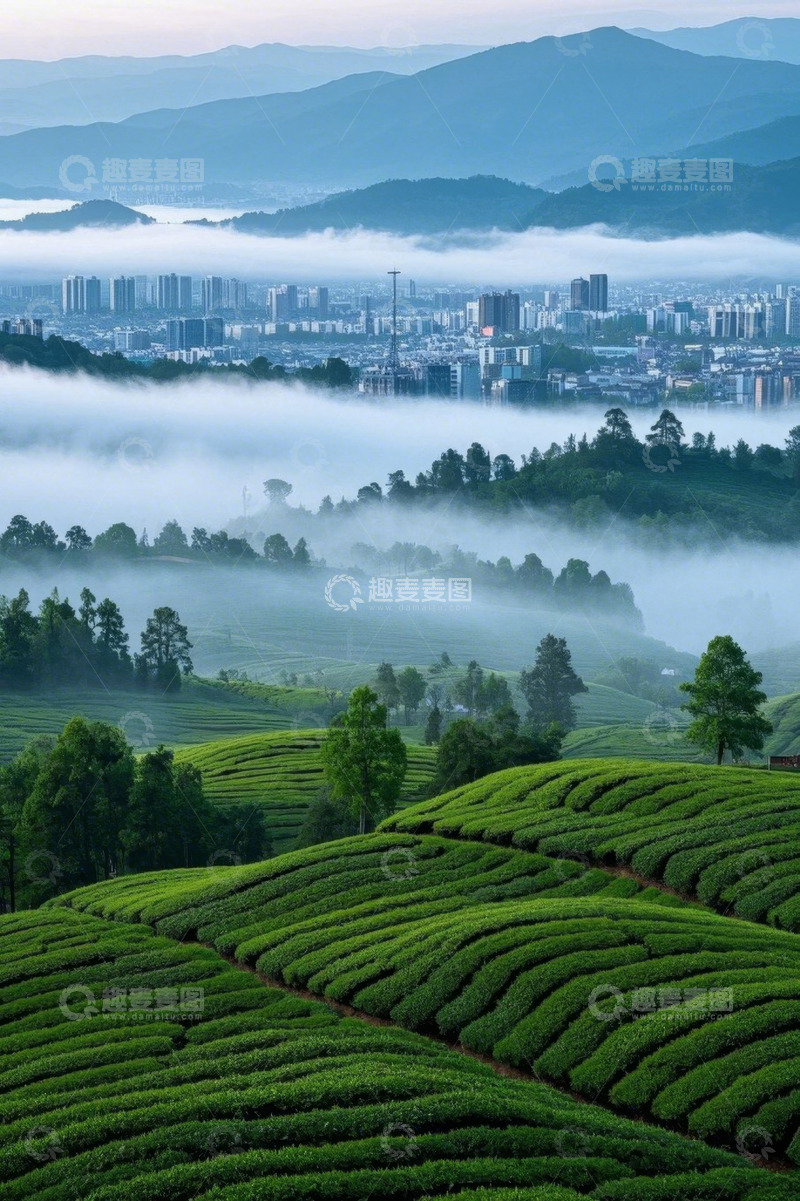 高清大图下载【趣麦麦图】云雾中的城市与茶园风光