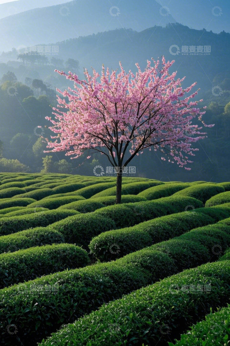 高清大图下载【趣麦麦图】茶园中绽放的樱花树