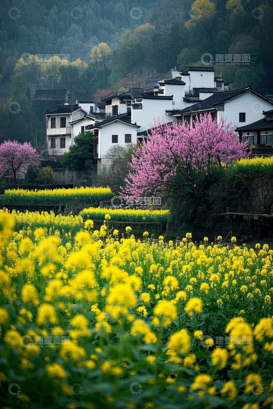 乡村油菜花与民居春色景观