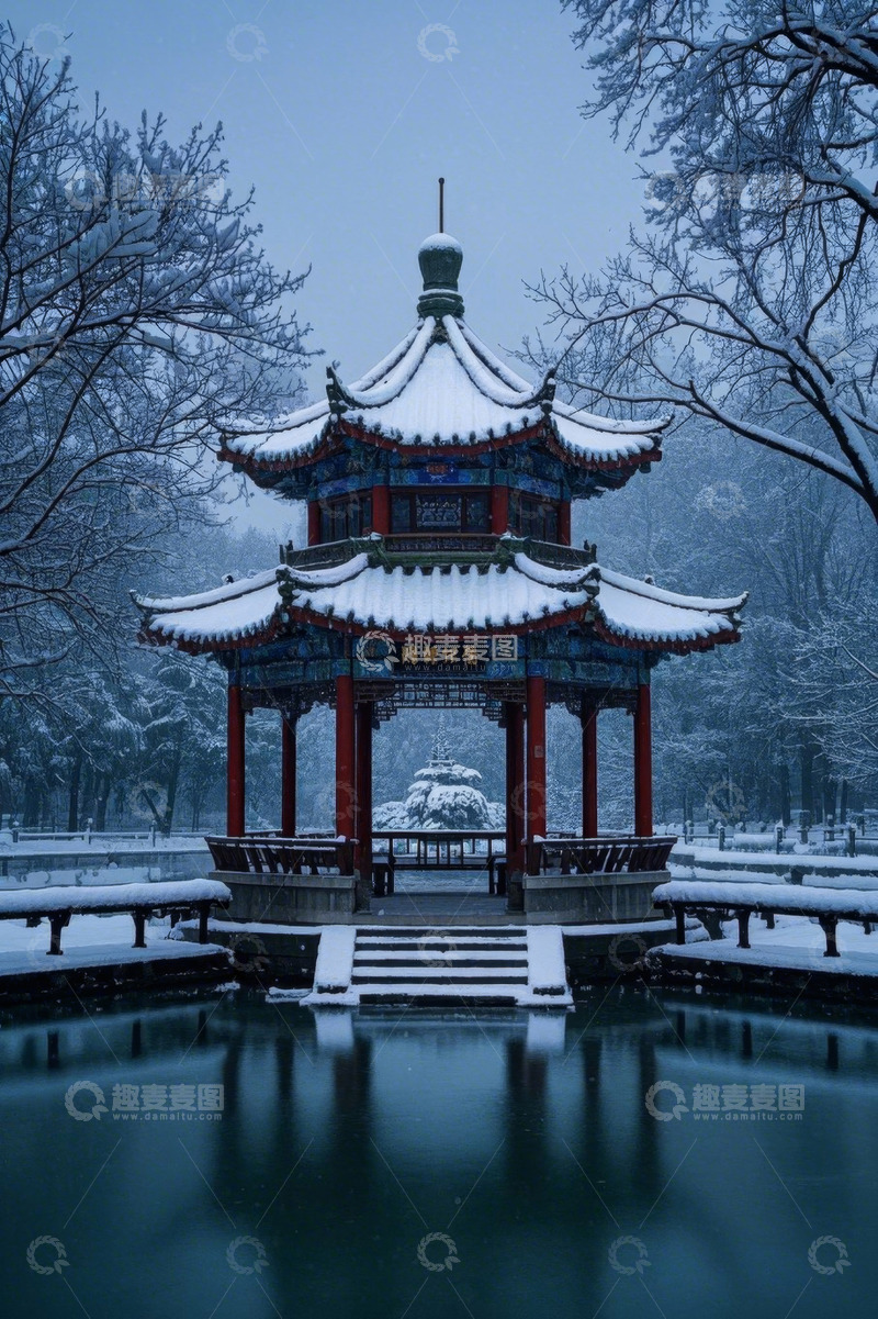 高清大图下载【趣麦麦图】雪后中式凉亭景观
