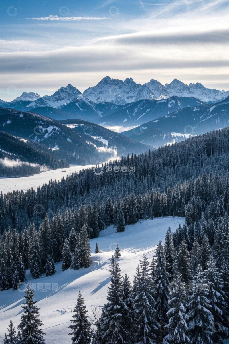 高清大图下载【趣麦麦图】冬日雪山森林全景