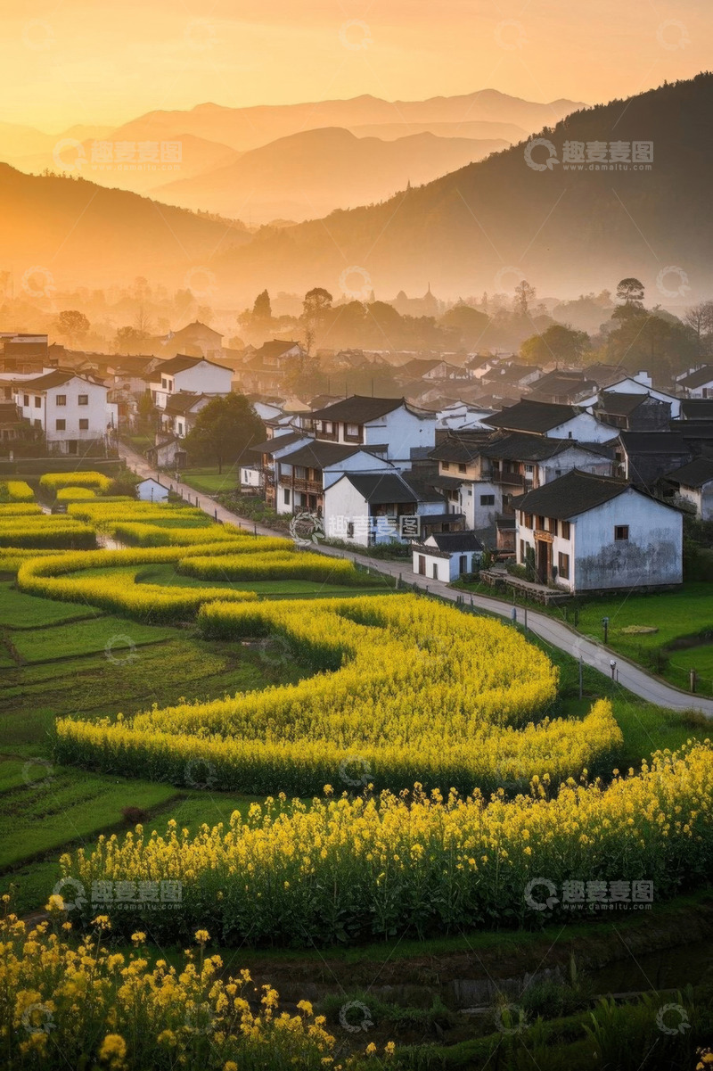 高清大图下载【趣麦麦图】乡村油菜花田与民居风光