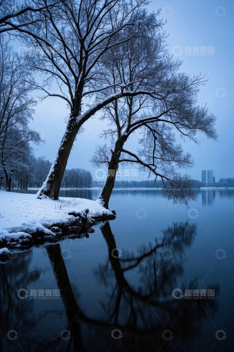 高清大图下载【趣麦麦图】雪后湖边树木倒影景观