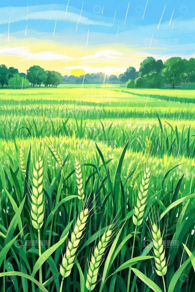 高清大图下载【趣麦麦图】雨中绿色麦田田园风光
