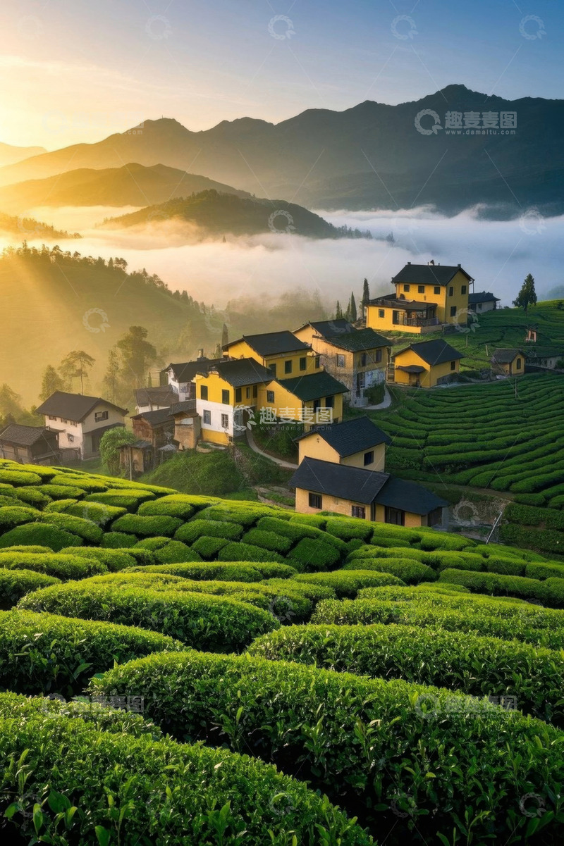 高清大图下载【趣麦麦图】山间茶园与民居全景