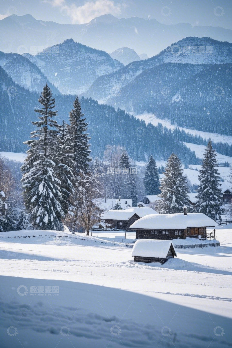 高清大图下载【趣麦麦图】雪山下的冬日乡村雪景