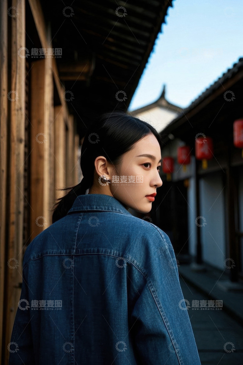 高清大图下载【趣麦麦图】女子回眸凝望古镇巷弄
