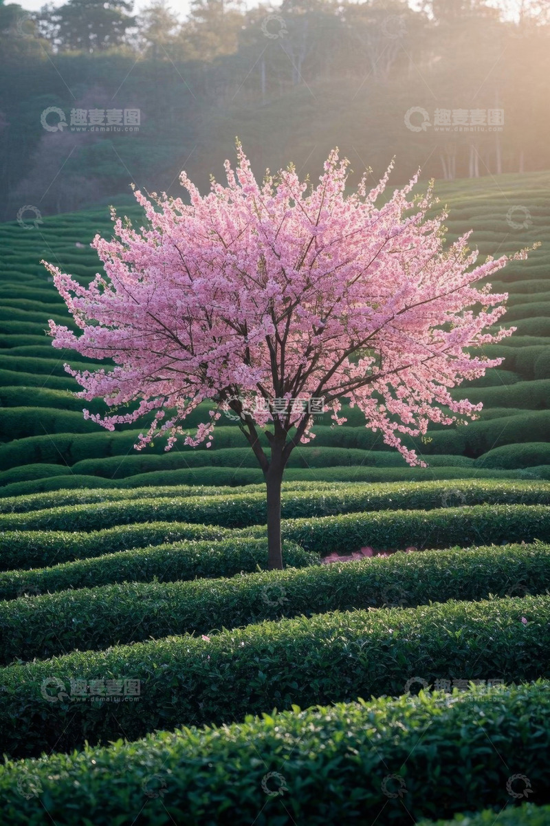 高清大图下载【趣麦麦图】茶园中盛开的粉色樱花树