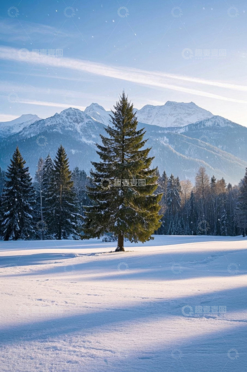 高清大图下载【趣麦麦图】雪后山林中的挺拔松树