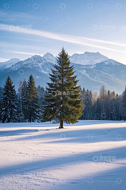 雪后山林中的挺拔松树