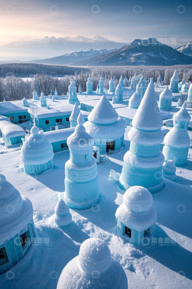 高清大图下载【趣麦麦图】雪覆建筑与远处山脉景观