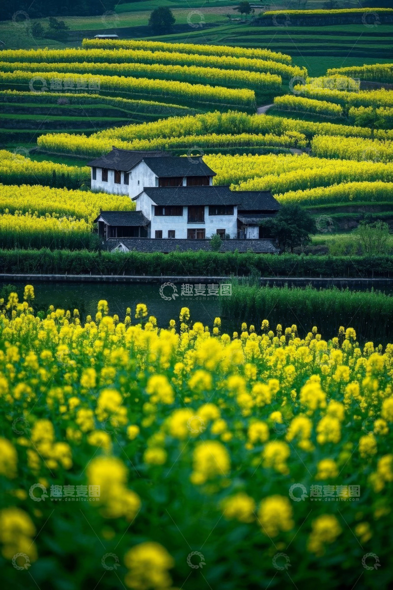高清大图下载【趣麦麦图】乡村油菜花田中的民居