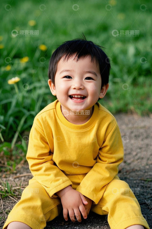 穿着黄色衣服的小男孩在草地上开心地笑着