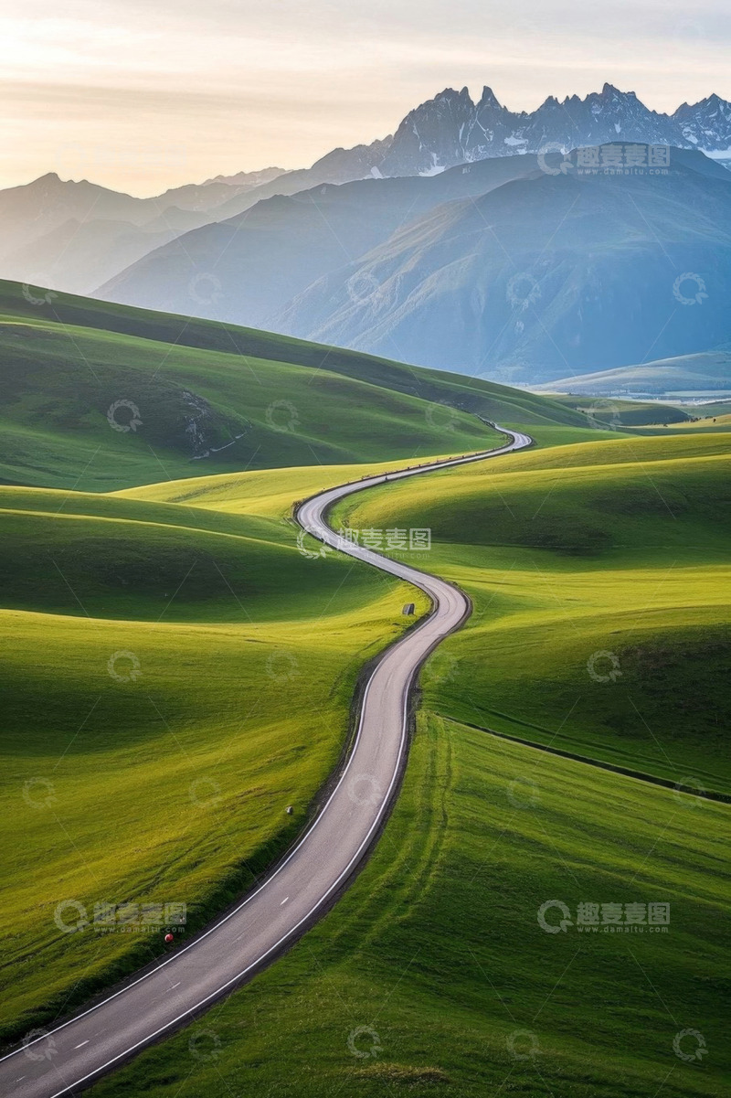 高清大图下载【趣麦麦图】草原蜿蜒公路与远山风景
