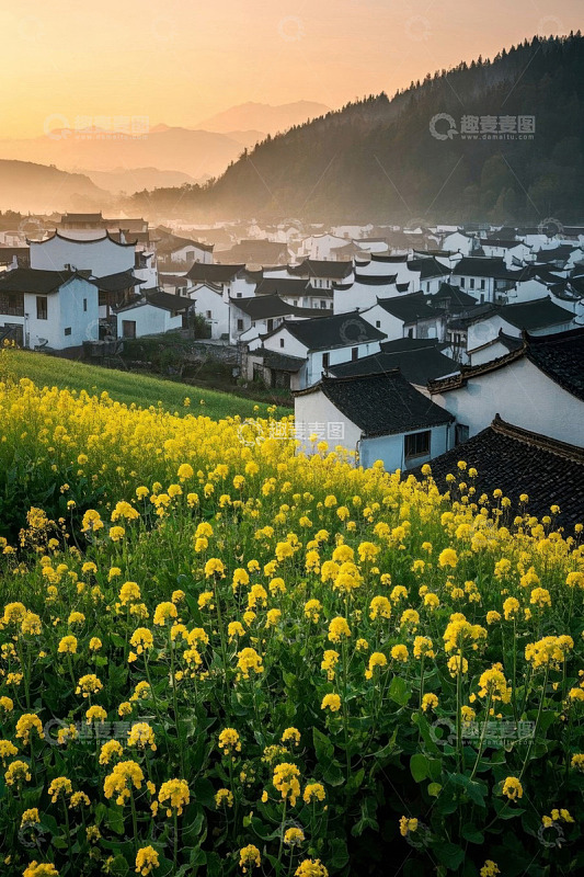 春日婺源村落油菜花风景
