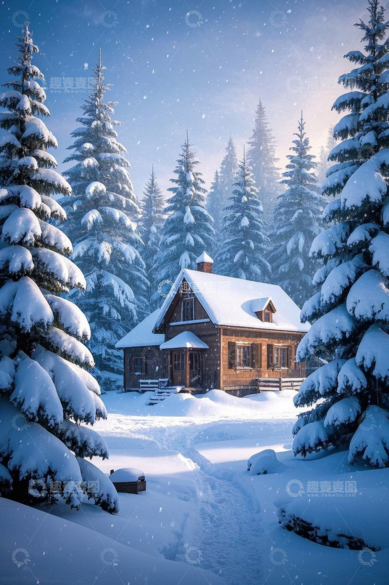 高清大图下载【趣麦麦图】雪覆森林中的木屋景观