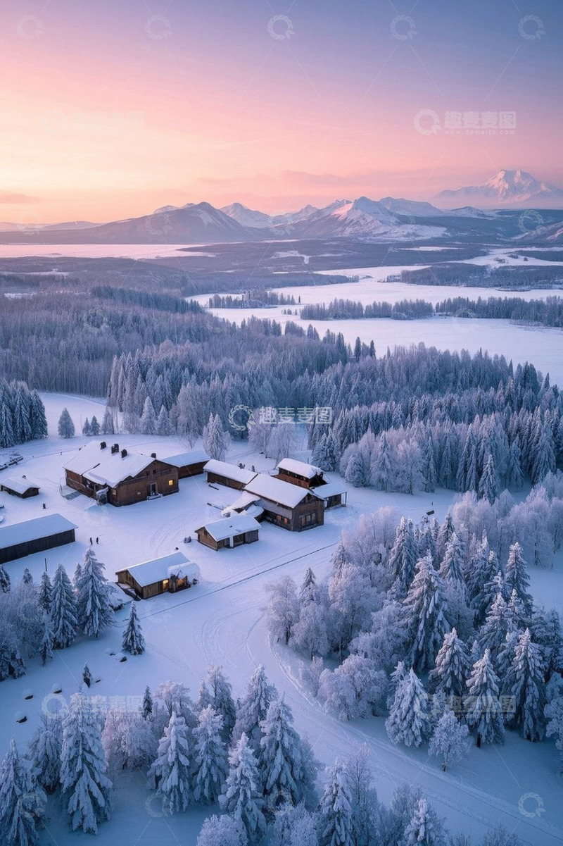 高清大图下载【趣麦麦图】雪后森林中的木屋全景