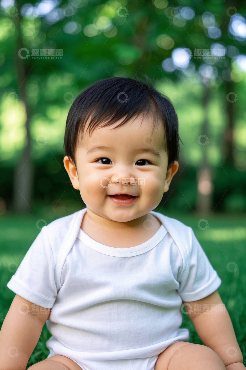 高清大图下载【趣麦麦图】可爱婴儿户外草地开心微笑