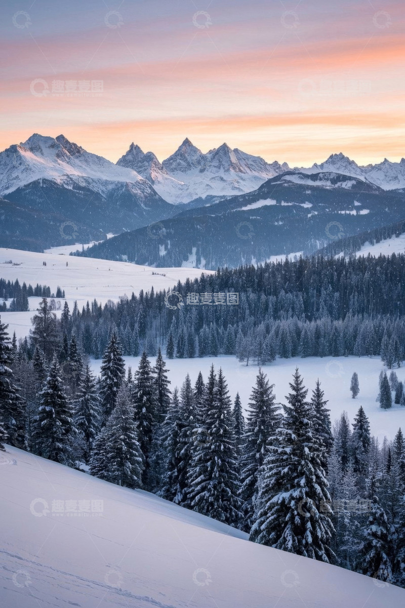 高清大图下载【趣麦麦图】雪山森林日落自然风光